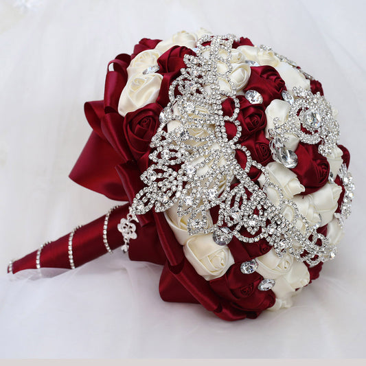 Luxury Crystal Rhinestone Quinceañera Bouquet - Handmade Satin Rose Ramo LQ287