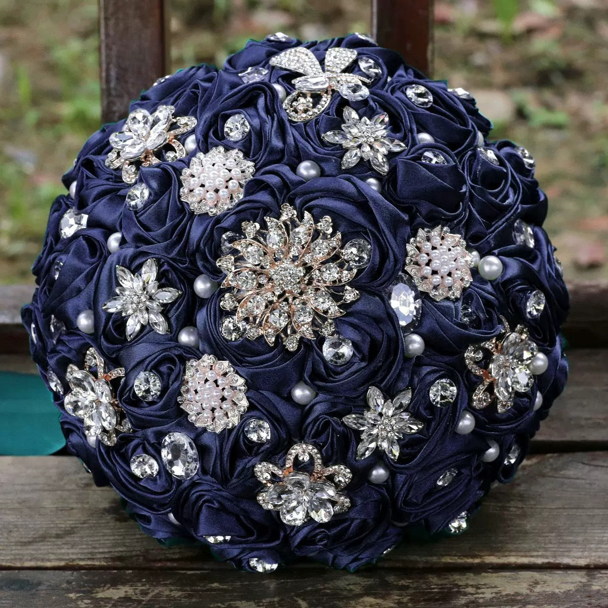 LoveQuince LQ810B Custom Satin Rose Quinceañera Bouquet with Crystal Brooches