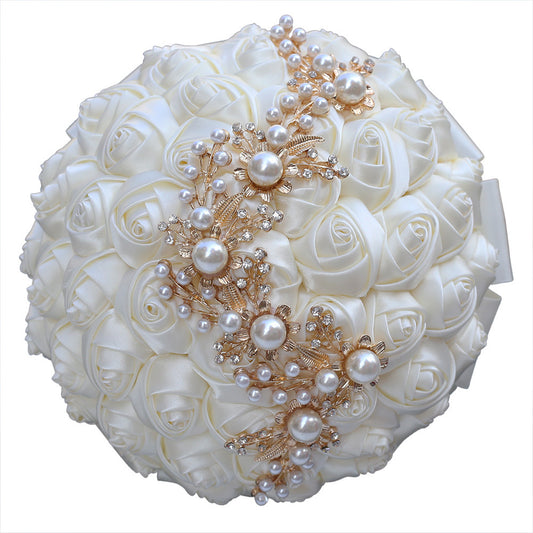 LoveQuince Gold Pearl & Crystal Satin Rose Quinceañera Bouquet W706
