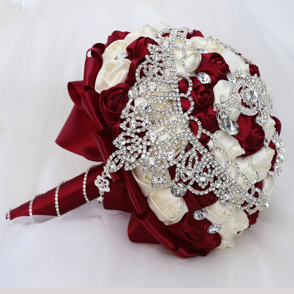 Luxury Crystal Rhinestone Quinceañera Bouquet - Handmade Satin Rose Ramo LQ287