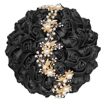 LoveQuince Gold Pearl & Crystal Satin Rose Quinceañera Bouquet W706