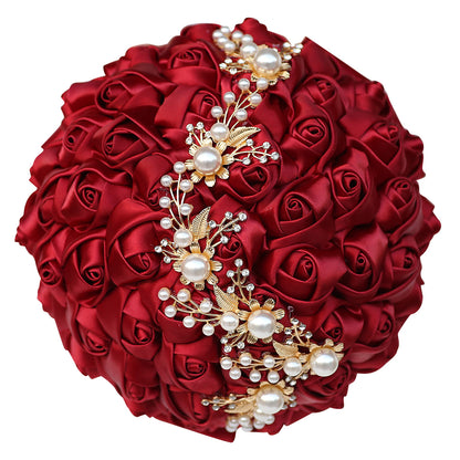 LoveQuince Gold Pearl & Crystal Satin Rose Quinceañera Bouquet W706