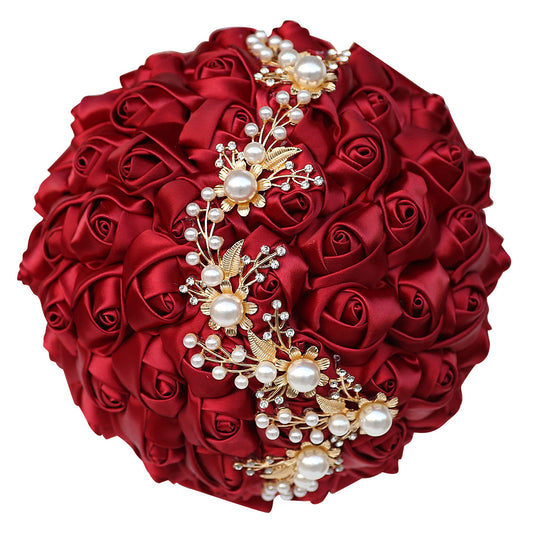 LoveQuince Gold Pearl & Crystal Satin Rose Quinceañera Bouquet W706