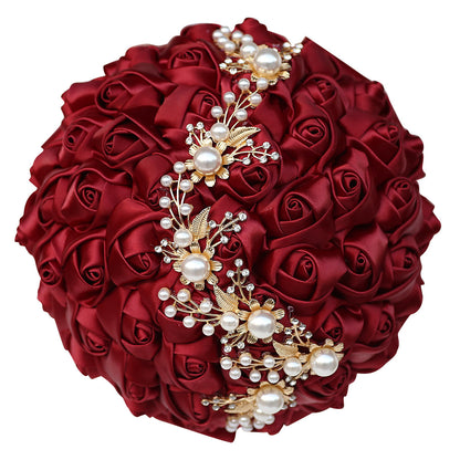 LoveQuince Gold Pearl & Crystal Satin Rose Quinceañera Bouquet W706