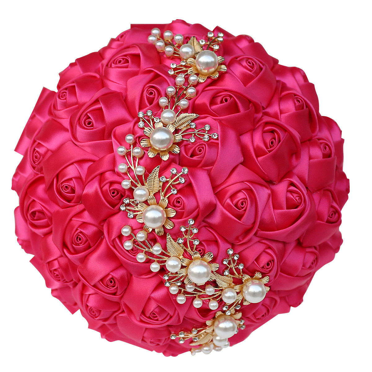LoveQuince Gold Pearl & Crystal Satin Rose Quinceañera Bouquet W706