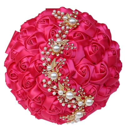 LoveQuince Gold Pearl & Crystal Satin Rose Quinceañera Bouquet W706