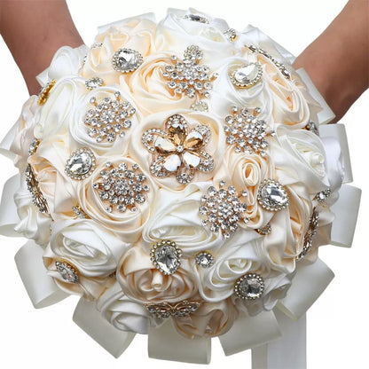 Sparkling Rhinestone Butterfly Brooch Satin Rose Ramo Quinceañera Bouquet LQ1108