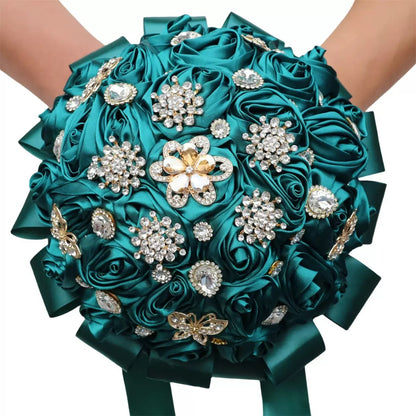 Sparkling Rhinestone Butterfly Brooch Satin Rose Ramo Quinceañera Bouquet LQ1108