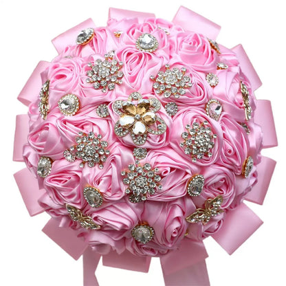 Sparkling Rhinestone Butterfly Brooch Satin Rose Ramo Quinceañera Bouquet LQ1108