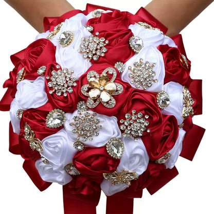 Sparkling Rhinestone Butterfly Brooch Satin Rose Ramo Quinceañera Bouquet LQ1108