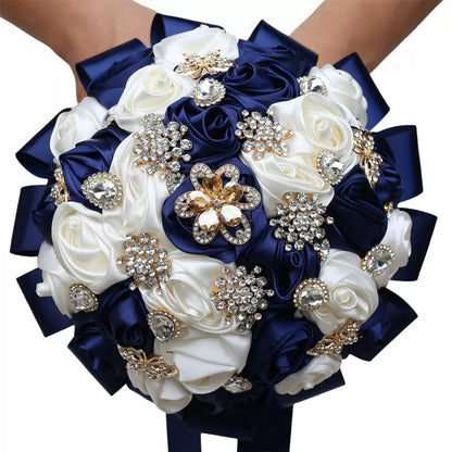 Sparkling Rhinestone Butterfly Brooch Satin Rose Ramo Quinceañera Bouquet LQ1108