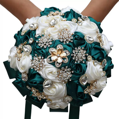 Sparkling Rhinestone Butterfly Brooch Satin Rose Ramo Quinceañera Bouquet LQ1108