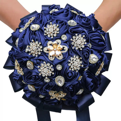 Sparkling Rhinestone Butterfly Brooch Satin Rose Ramo Quinceañera Bouquet LQ1108