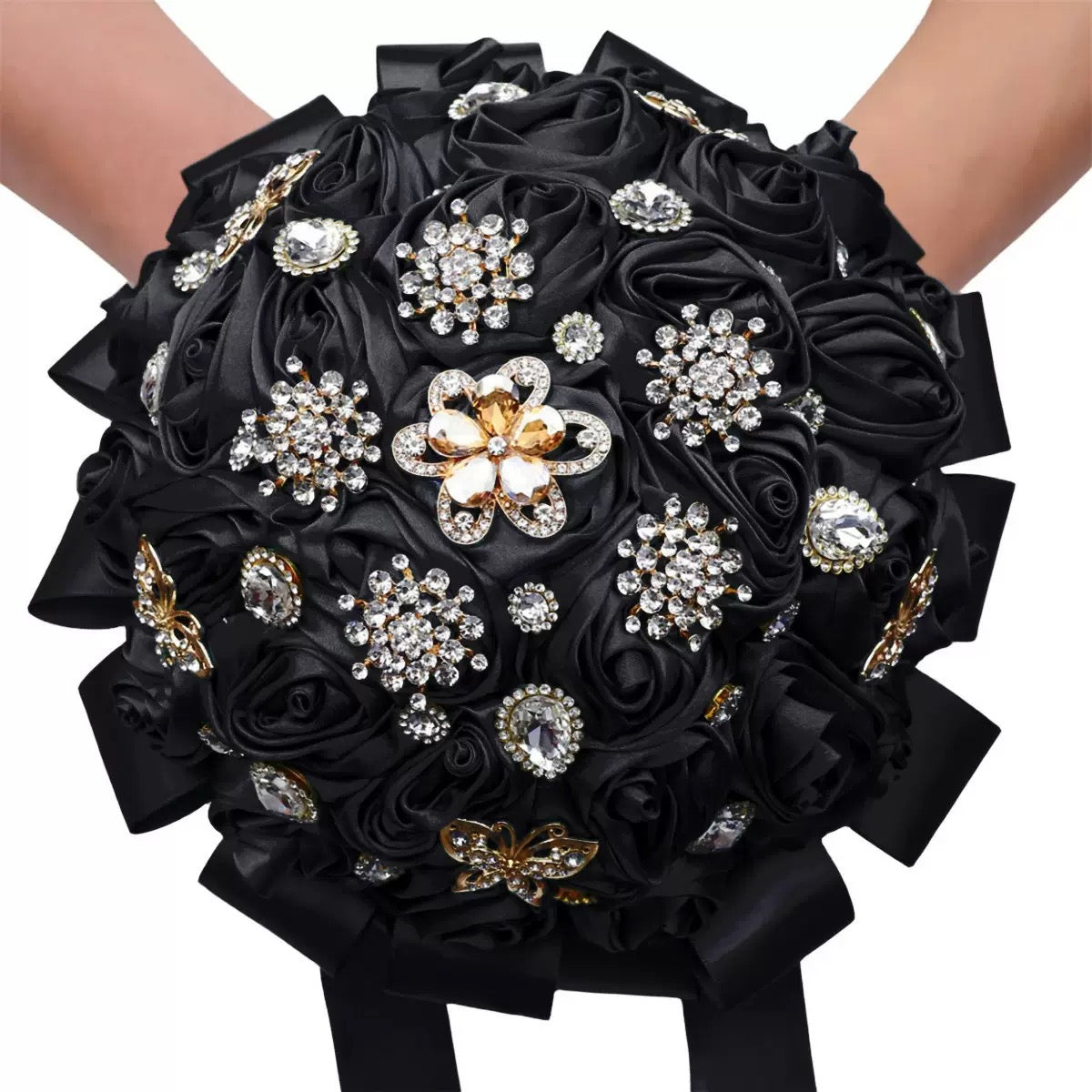 Sparkling Rhinestone Butterfly Brooch Satin Rose Ramo Quinceañera Bouquet LQ1108