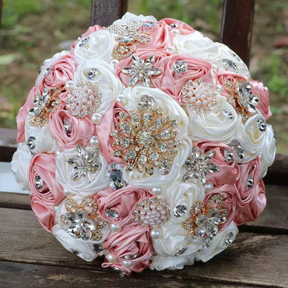 LoveQuince LQ810B Custom Satin Rose Quinceañera Bouquet with Crystal Brooches