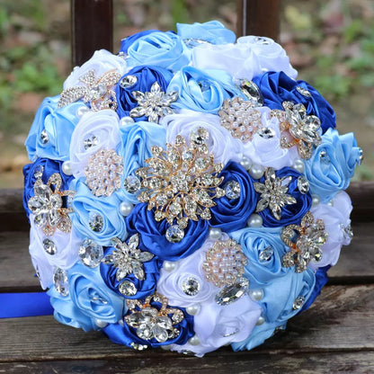 LoveQuince LQ810B Custom Satin Rose Quinceañera Bouquet with Crystal Brooches