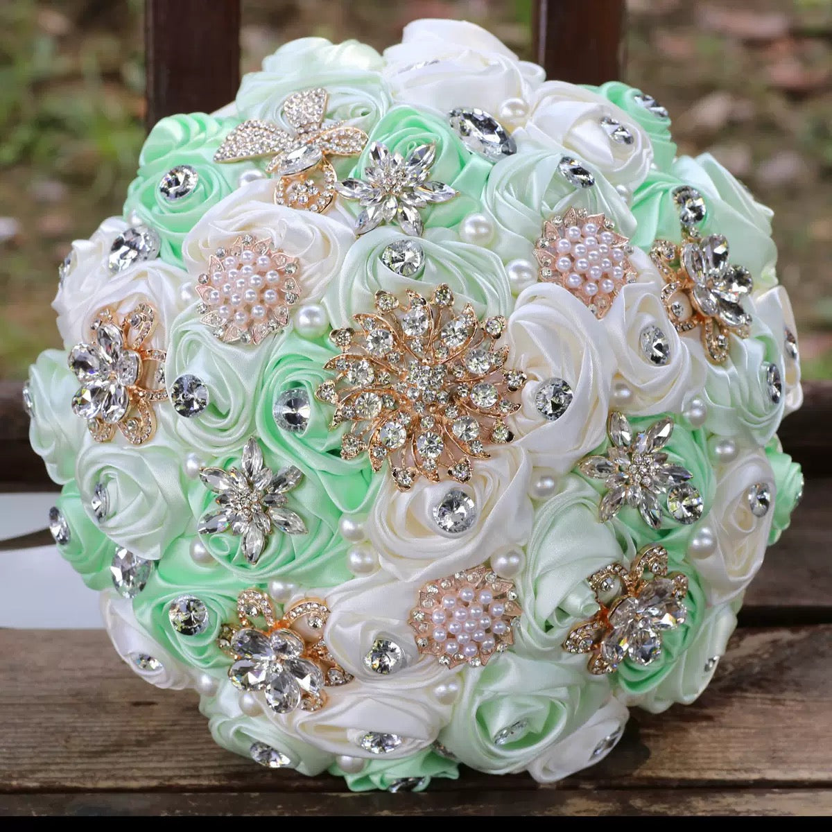 LoveQuince LQ810B Custom Satin Rose Quinceañera Bouquet with Crystal Brooches