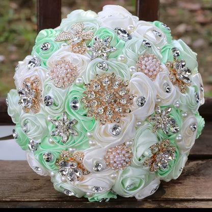 LoveQuince LQ810B Custom Satin Rose Quinceañera Bouquet with Crystal Brooches