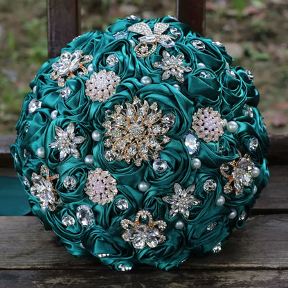 LoveQuince LQ810B Custom Satin Rose Quinceañera Bouquet with Crystal Brooches