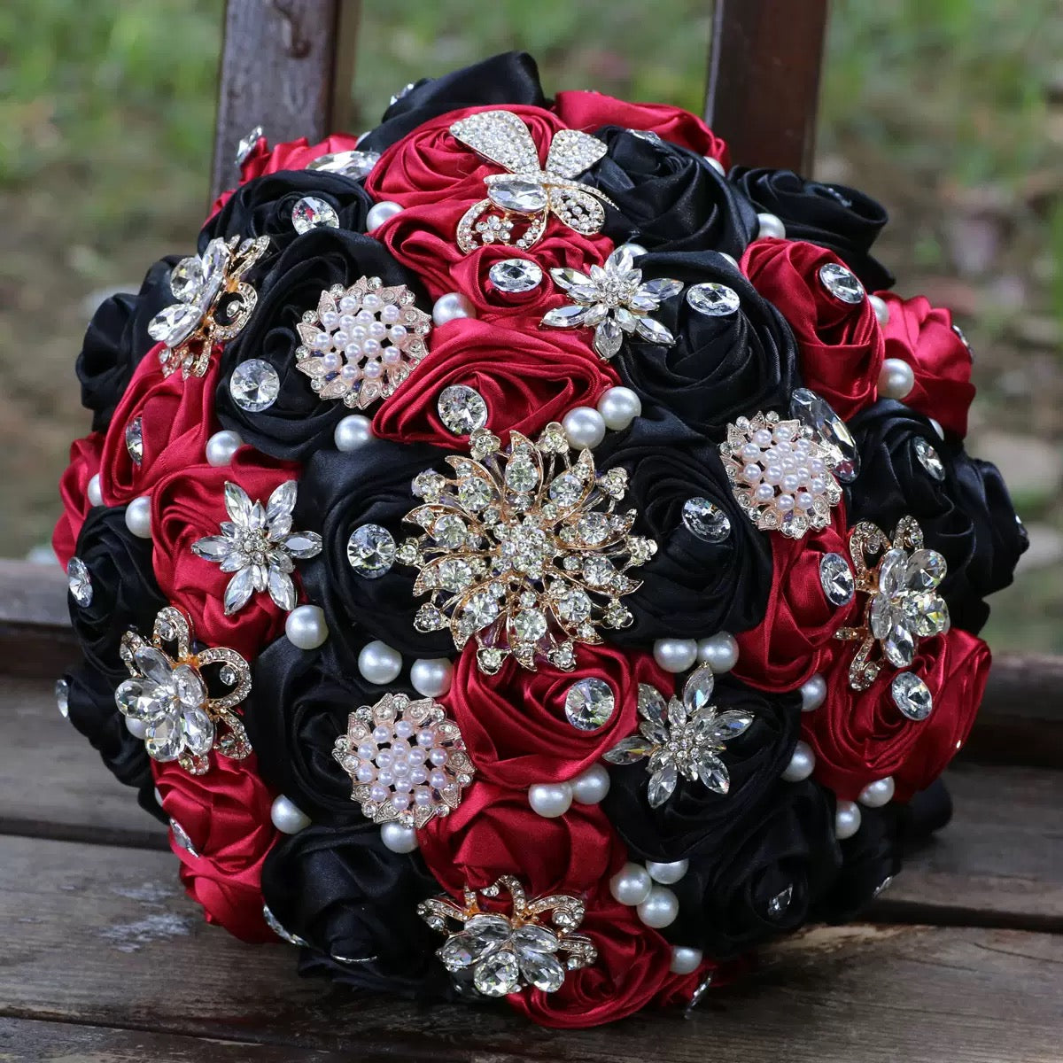 LoveQuince LQ810B Custom Satin Rose Quinceañera Bouquet with Crystal Brooches