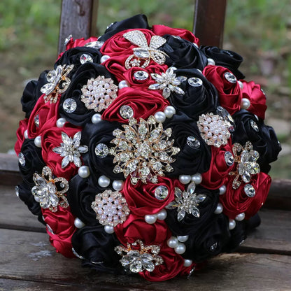 LoveQuince LQ810B Custom Satin Rose Quinceañera Bouquet with Crystal Brooches