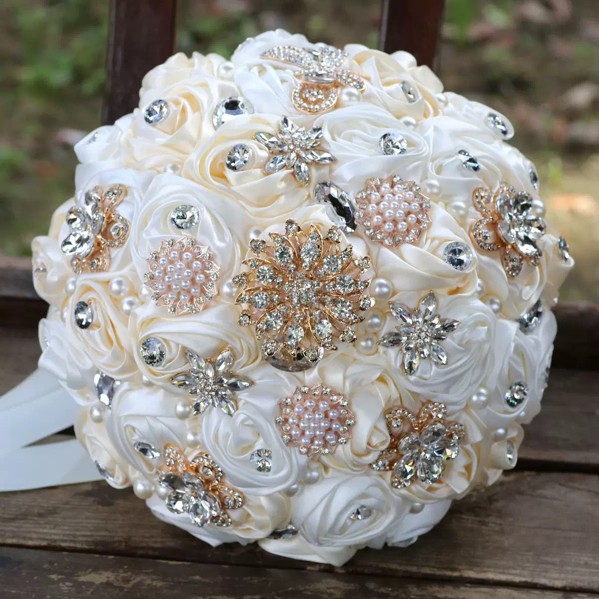 LoveQuince LQ810B Custom Satin Rose Quinceañera Bouquet with Crystal Brooches