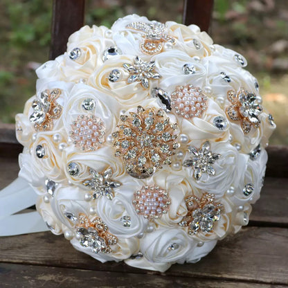 LoveQuince LQ810B Custom Satin Rose Quinceañera Bouquet with Crystal Brooches