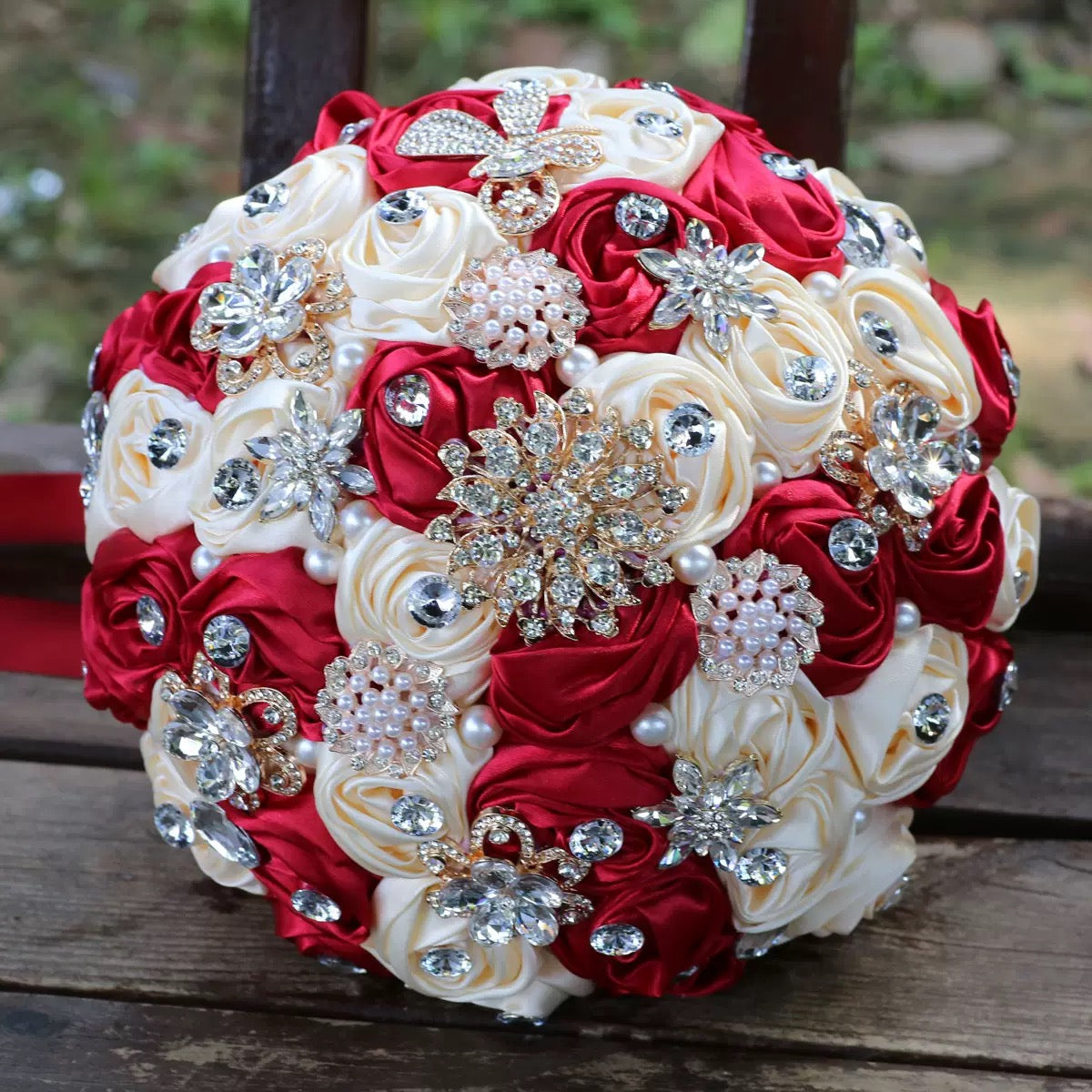 LoveQuince LQ810B Custom Satin Rose Quinceañera Bouquet with Crystal Brooches