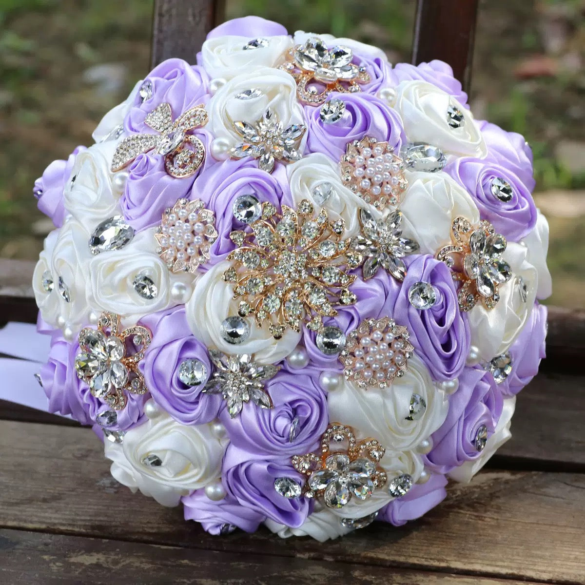 LoveQuince LQ810B Custom Satin Rose Quinceañera Bouquet with Crystal Brooches
