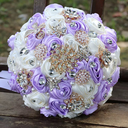 LoveQuince LQ810B Custom Satin Rose Quinceañera Bouquet with Crystal Brooches