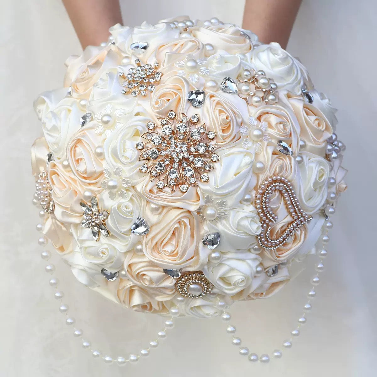 LQ2023D Quinceañera Bouquet - Cascading Pearls & Crystal Brooches Keepsake Ramo