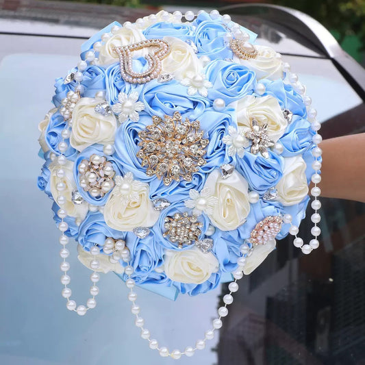 LQ2023D Quinceañera Bouquet - Cascading Pearls & Crystal Brooches Keepsake Ramo