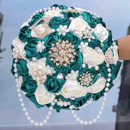LQ2023D Quinceañera Bouquet - Cascading Pearls & Crystal Brooches Keepsake Ramo