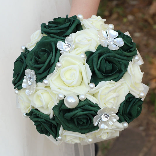 LQ527-PE Emerald Green & White Rose Quinceañera Bouquet with Pearl Accents