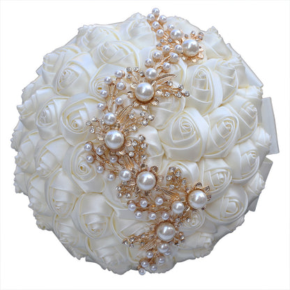 LoveQuince Gold Pearl & Crystal Satin Rose Quinceañera Bouquet W706