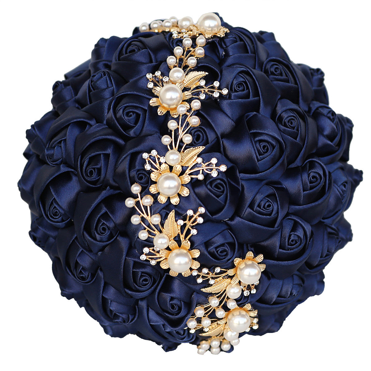 LoveQuince Gold Pearl & Crystal Satin Rose Quinceañera Bouquet W706