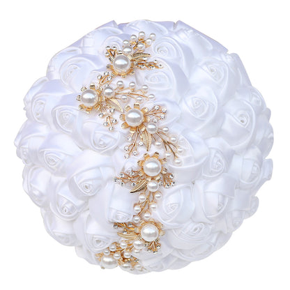 LoveQuince Gold Pearl & Crystal Satin Rose Quinceañera Bouquet W706
