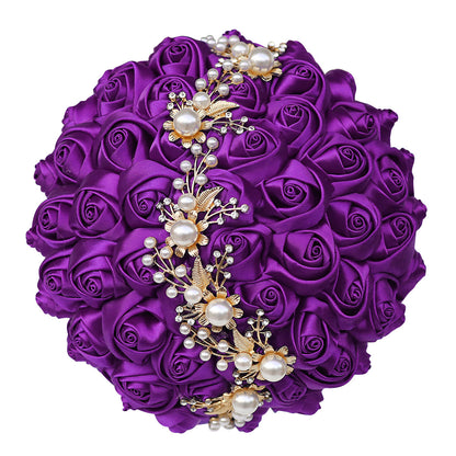 LoveQuince Gold Pearl & Crystal Satin Rose Quinceañera Bouquet W706