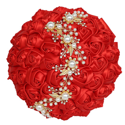LoveQuince Gold Pearl & Crystal Satin Rose Quinceañera Bouquet W706