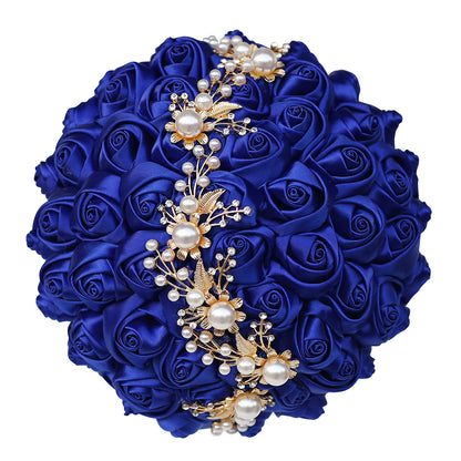 LoveQuince Gold Pearl & Crystal Satin Rose Quinceañera Bouquet W706