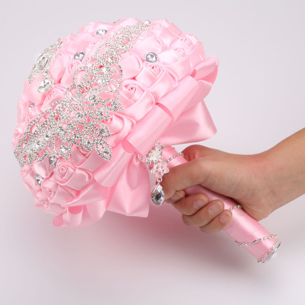 Luxury Crystal Rhinestone Quinceañera Bouquet - Handmade Satin Rose Ramo LQ287