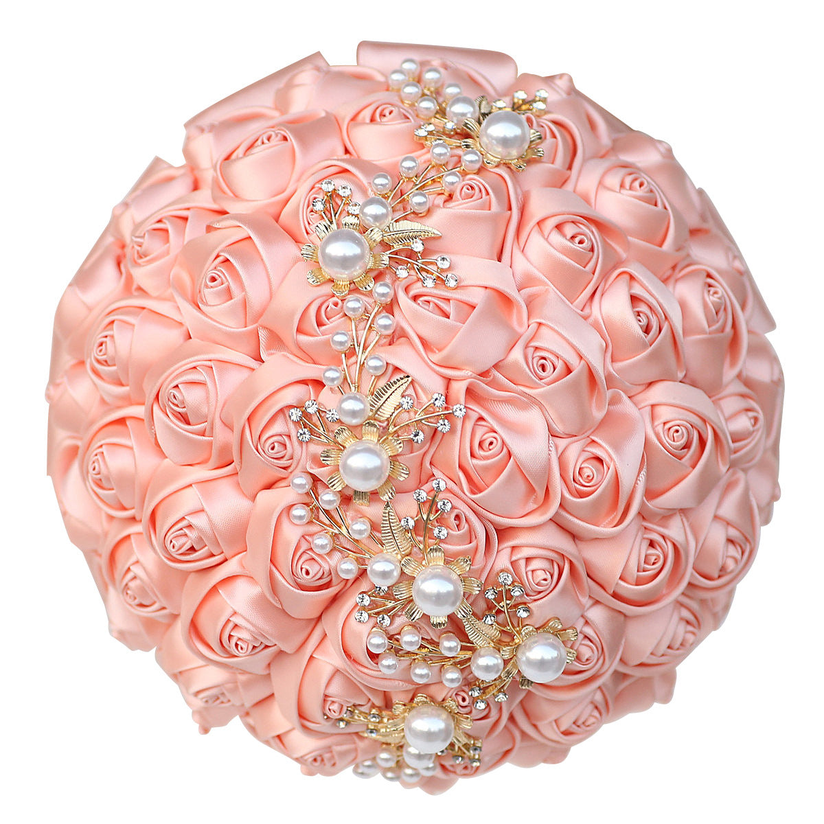LoveQuince Gold Pearl & Crystal Satin Rose Quinceañera Bouquet W706