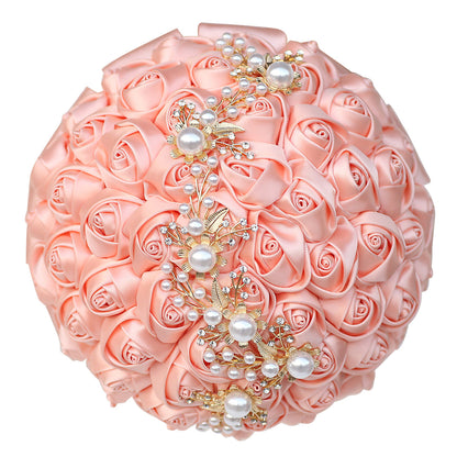LoveQuince Gold Pearl & Crystal Satin Rose Quinceañera Bouquet W706