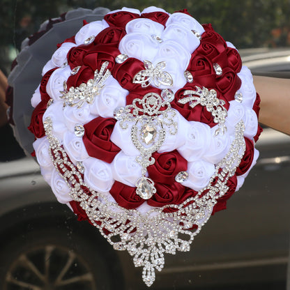 Luxury Crystal Rhinestone Quinceañera Bouquet - Handmade Satin Rose Ramo LQ287